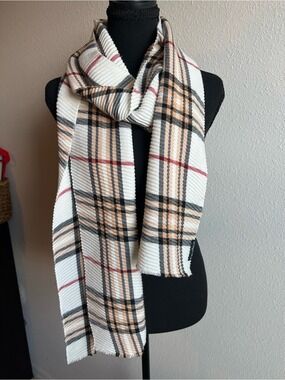 Fraas Plaid Ribbed Scarf in Cream, Black & Tan with Red Accent